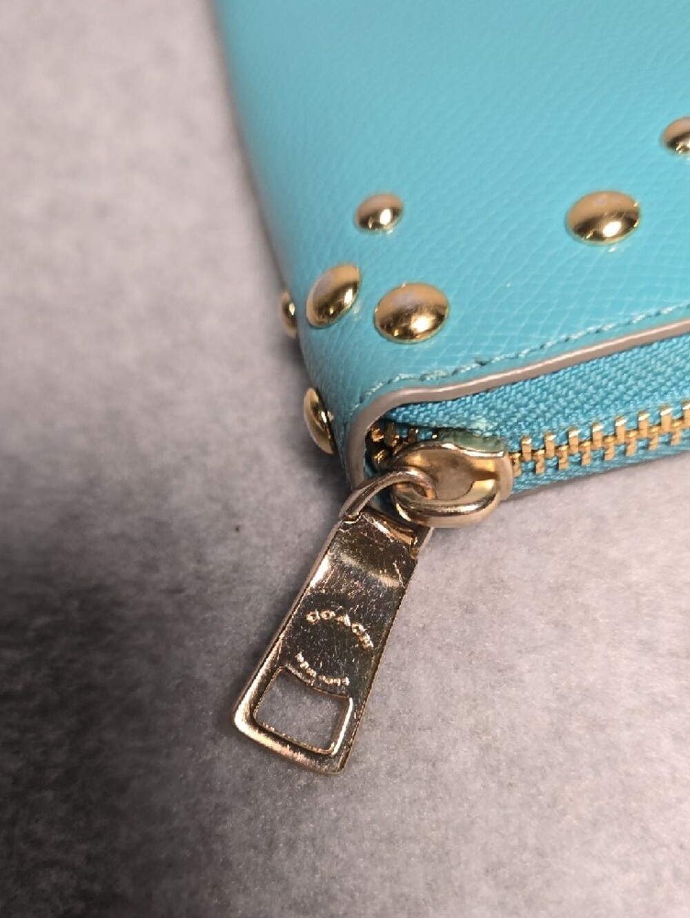 Coach Accordion Zip Wallet Cadet Blue with Gold Studs - Picture 4 of 16
